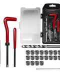 Complete M6 X 1.0 Thread Repair Kit With Helicoil Inserts, HSS Drill Bit, Tap, Break Off Tool, Installation Pin, Hex Wrench, And 20 Stainless Steel Inserts displayed