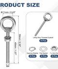 Top Shelf 304 Stainless Steel Eye Bolts M4 X 40mm Threaded Lifting Rings With Lock Nuts And Precision Flat Washers size diagram with dimensions.