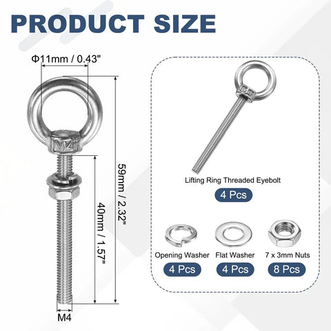 Top Shelf 304 Stainless Steel Eye Bolts M4 X 40mm Threaded Lifting Rings With Lock Nuts And Precision Flat Washers size diagram with dimensions.