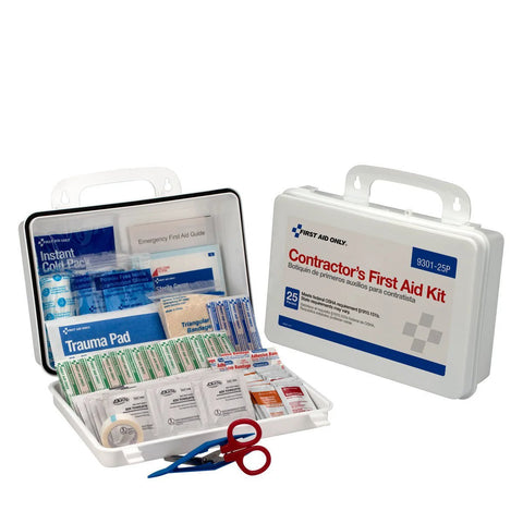 Front view Contractor's First Aid Kit, 25-person, white plastic case opened with bandages, trauma pad, scissors