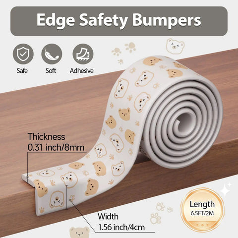 Heavy Duty Baby Proofing Edge Protectors 6.5Ft Super Dense Soft Rubber Foam Furniture Bumper Guards on a wooden surface.