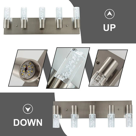 Five Light Brushed Nickel Vanity Light Fixture With 40W 6000K Non Dimmable LED shown in detail and installation view.