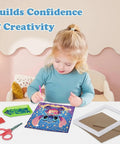 Child creating a cartoon Stitch diamond art on 6x6 inch canvas from Starter Friendly Diamond Art Painting Kits Six Pack For Beginners.