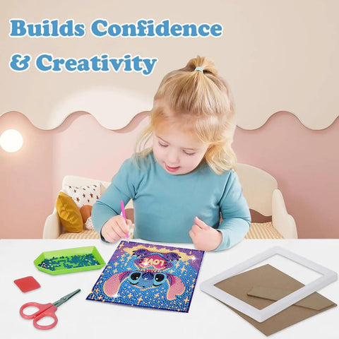 Child creating a cartoon Stitch diamond art on 6x6 inch canvas from Starter Friendly Diamond Art Painting Kits Six Pack For Beginners.