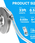 Front view: 33ft stainless steel hose clamp roll with perforated strap and worm-gear screw