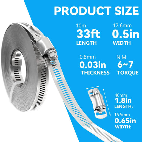 Front view: 33ft stainless steel hose clamp roll with perforated strap and worm-gear screw