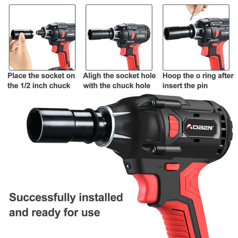 Beast 21V Cordless Impact Wrench with 400 Nm Max Torque and 3000 RPM, socket installation steps shown in close-up.