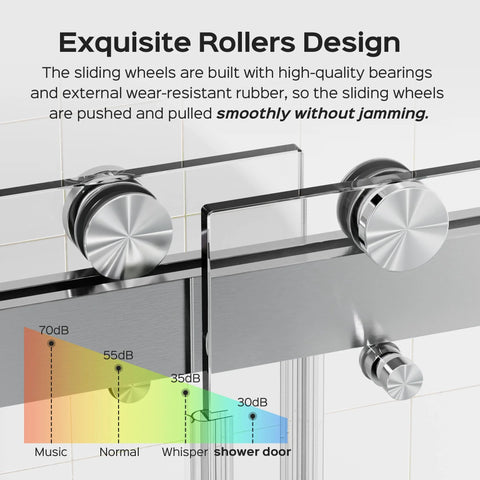 Close-up of rollers on 68-72 Inch Frameless Double Bypass Sliding Shower Door With Brushed Nickel Finish, Three Eighths Inch Tempered Glass.
