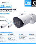 Product diagram of 4K Ultra HD Outdoor Bullet Security Camera IP PoE 8MP 3840x2160 98ft Night Vision 125 Degree Field Of View IP67 Weatherproof MicroSD Card Slot 256GB Human And Vehicle Detection Tripwire And Intrusion AI Powered V3 IP8M2496EWAIV3 with technical specs and dimensions.