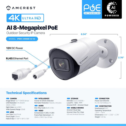 Product diagram of 4K Ultra HD Outdoor Bullet Security Camera IP PoE 8MP 3840x2160 98ft Night Vision 125 Degree Field Of View IP67 Weatherproof MicroSD Card Slot 256GB Human And Vehicle Detection Tripwire And Intrusion AI Powered V3 IP8M2496EWAIV3 with technical specs and dimensions.