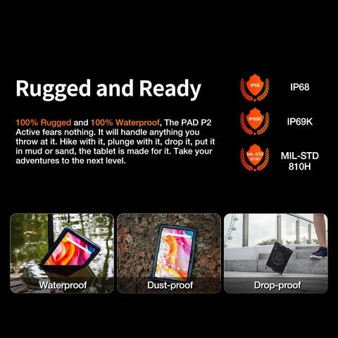 Kickass Rugged Android 14 Tablet With 11 Inch Crisp 90Hz Screen And Massive Storage Waterproof Drop Resistant Build With Carry Case for hiking, waterproof testing in water.
