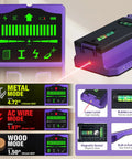 Display of SUNMAY Professional Stud Finder with 7-in-1 Wall Scanner & Laser Level modes and features, showing laser and bubble levels.