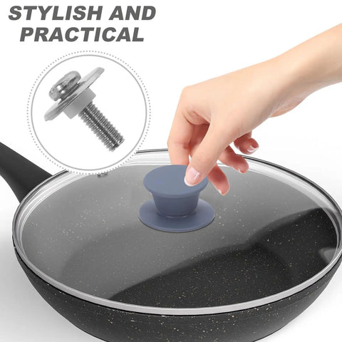 Hand holding pot lid with 40 Piece M5 Stainless Steel Screws For Pot Lid Handles With Washers And Silicone Gaskets Heat Resistant Fixing Bolts