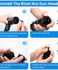 Steps to install head on Heavy Duty Pneumatic Rivet Nut Gun Tool Kit With 3 Heads 1/4 Inch 5/16 Inch 3/8 Inch.
