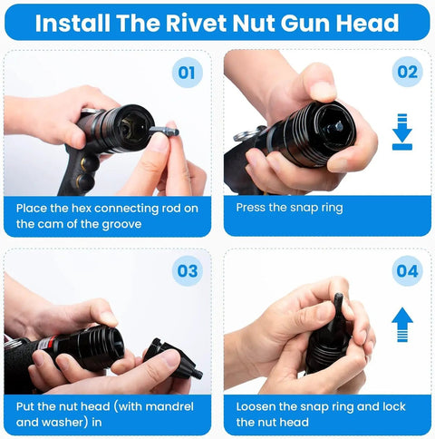 Steps to install head on Heavy Duty Pneumatic Rivet Nut Gun Tool Kit With 3 Heads 1/4 Inch 5/16 Inch 3/8 Inch.