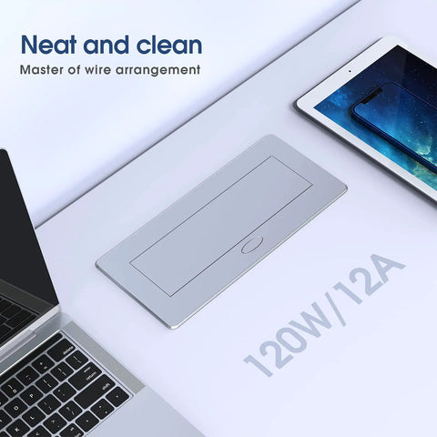 Desktop Pop Up Outlet With 2 USB Ports And 3 Outlets, Silver Finish in desk setting, showcasing space-saving design