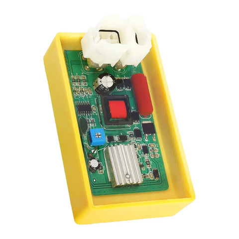 Performance Racing 6 Pin DC CDI Box For GY6 Engines With Adjustable Timing, shown from top view in yellow casing