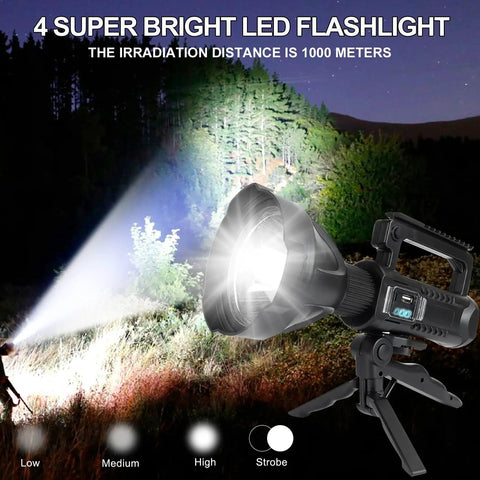 Beast Bright 90000 Lumen Handheld Spotlight Flashlight illuminating forest, shown on tripod mount, 4 modes visible