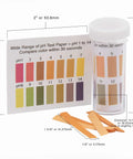 Wide Range pH Test Paper Strips 1 To 14, 100 Strips Per Pack, includes color indicator card, shown with open vial and strips