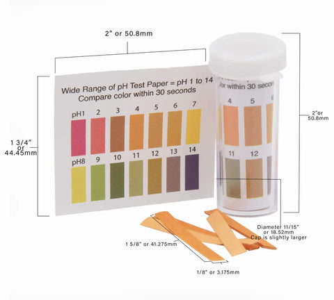 Wide Range pH Test Paper Strips 1 To 14, 100 Strips Per Pack, includes color indicator card, shown with open vial and strips