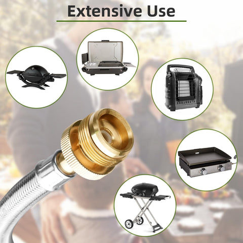 6 Ft Stainless Braided Propane Hose Adapter From 1 Lb To 20 Lb Tanks With Gauge For QCC1 Type 1 Connections shown with grills and stoves