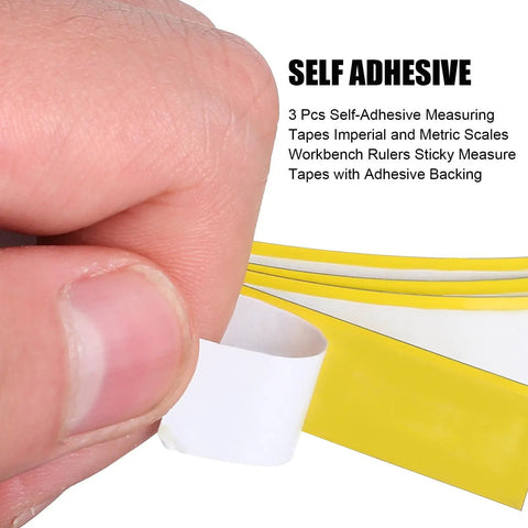 Top Shelf Adhesive Measuring Tape Kit For Woodworking Sweet Sticky Metal Ruler Premium Carbon Steel Tape Measure Peel And Stick Tool showing self-adhesive tape.