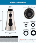 Real Deal Pull Down Kitchen Faucet Replacement Sprayer Head With Dual Push Buttons And High Pressure Rinse Includes Fifteen Universal Adapters, brushed nickel finish, measuring 3.7 inches tall.