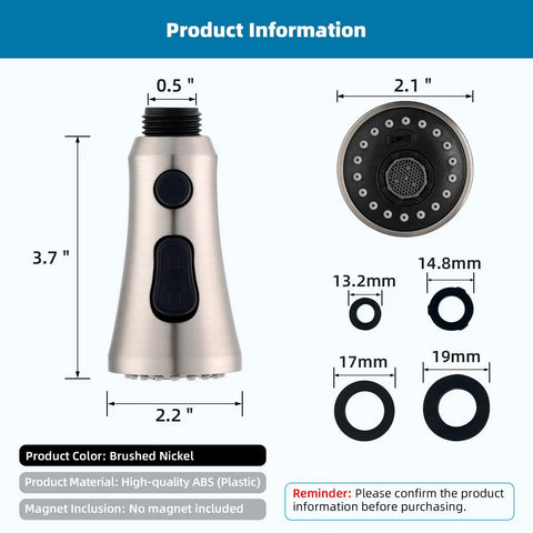 Real Deal Pull Down Kitchen Faucet Replacement Sprayer Head With Dual Push Buttons And High Pressure Rinse Includes Fifteen Universal Adapters, brushed nickel finish, measuring 3.7 inches tall.