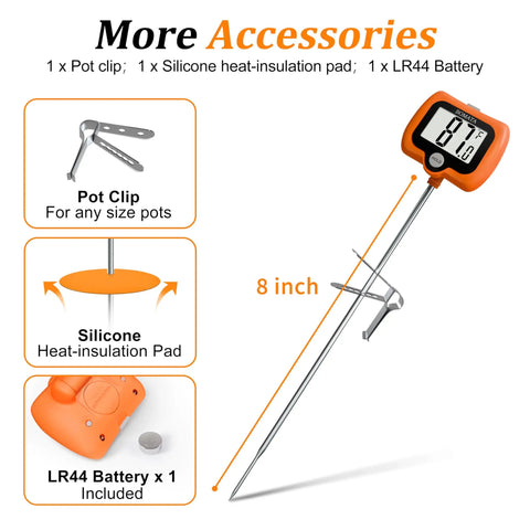 Digital Candy Thermometer With Pot Clip And Rotating Screen Deep Fry Oil Thermometer With Upgraded Silicone Insulation Cap For Accurate Frying Hands Free Readout And Easy Temperature Tracking, 8 inch probe with pot clip and battery