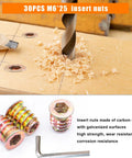 Top Shelf M6 Threaded Inserts For Wood With Furniture Screws Carbon Steel Screw In Nuts Hex Socket Drive Fasteners Includes Wrench 30 Piece Set, showing insert nuts and drill.