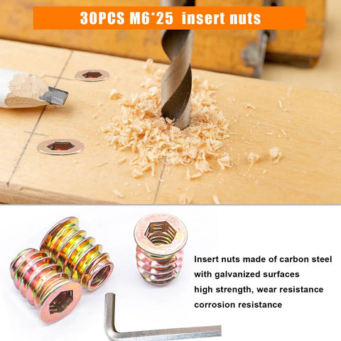 Top Shelf M6 Threaded Inserts For Wood With Furniture Screws Carbon Steel Screw In Nuts Hex Socket Drive Fasteners Includes Wrench 30 Piece Set, showing insert nuts and drill.