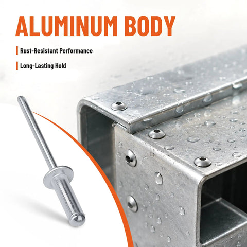 100 Piece Aluminum Blind Rivets One Quarter X Three Quarters Inch With Steel Mandrels on a metal surface showcasing rust resistance.