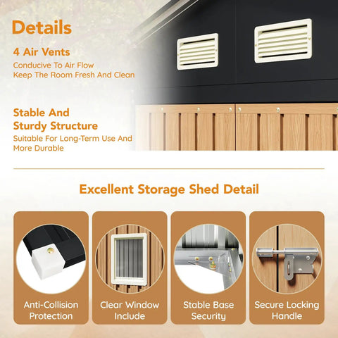 Heavy Duty Steel Garden Shed With Lockable Door And Clear Window, features air vents and sturdy structure for secure tool storage.