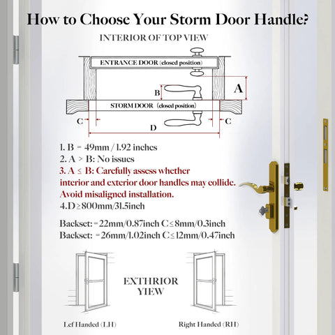 Diagram explaining the installation dimensions for Tough As Nails Brass Storm And Screen Door Handle Set with detailed measurements.