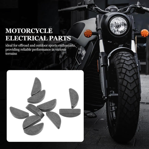 Thinking Process:. Grey metal keyway parts for two stroke engine clutch shaft drive unit, shown with motorcycle electrical parts