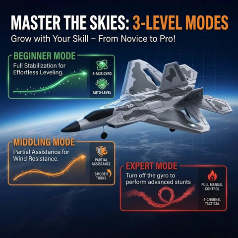F22 Raptor RC Plane With 4 Channel Easy To Fly System, 6 Axis Gyro Stabilization, Three Flight Modes, diagram of flight modes
