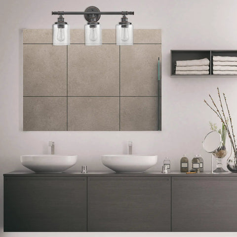 Camden 5-Piece All-In-One Bathroom Set With 3-Light Vanity Bar, Seeded Glass Shades, shown in a modern bathroom setting