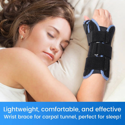 Woman sleeping with Carpal Tunnel Wrist Brace With Thumb Stabilizer For Night Support And All Day Comfort, Left Hand Medium.