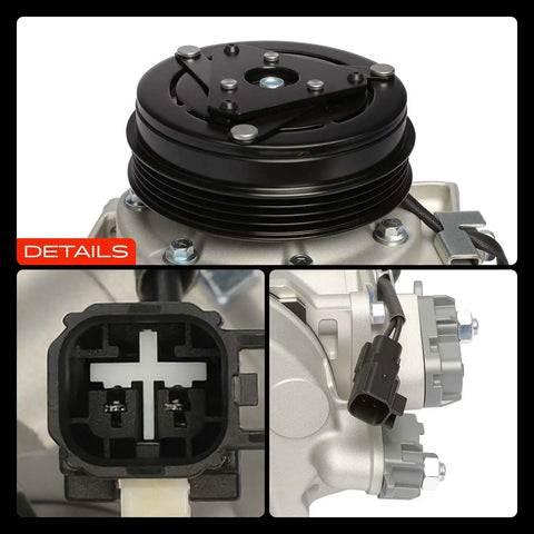 Heavy Duty AC Climate Control Compressor Assembly With Four Groove Pulley And Prefilled Oil For 2013 To 2019 Ford Explorer And Police Interceptor close-up of pulley and connector details.