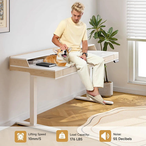 Sit Stand Desk With Drawers And Shelves 47 By 23.6 Inch Electric Height Adjustable Standing Desk In Use With Man and Dog