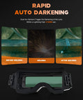 True Color Auto Darkening Welding Goggles Shade 4/5-9/9-13 with Grind Mode, showing lens darkening before, during, after welding