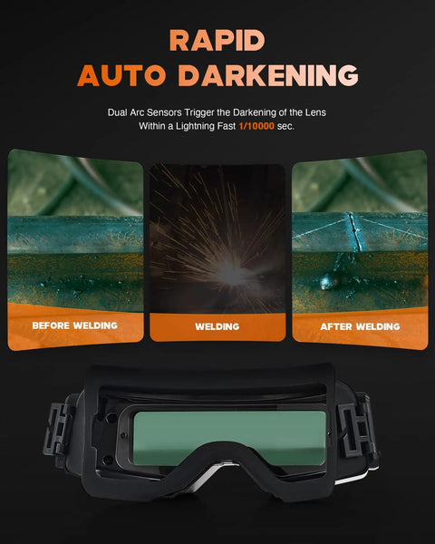 True Color Auto Darkening Welding Goggles Shade 4/5-9/9-13 with Grind Mode, showing lens darkening before, during, after welding