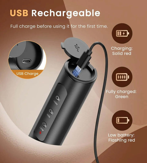 Rechargeable Handheld Milk Frother Electric Stainless Steel Whisk With Three Adjustable Speeds For Silky Coffee Foam And No Sweat Mixing Straight Up Kitchen Essential Gear showing USB charging port and indicators.