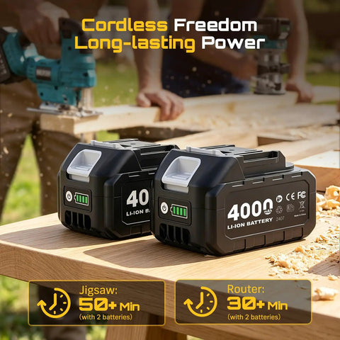 Cordless Jigsaw And Wood Router Kit For Precise Cuts And Edge Shaping With A Brushless Router, Dual 4.0Ah Batteries, Quick Setup, Smooth Finish, All In One Woodworking Power Pack, two 4000mAh batteries