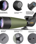 Go To 20 To 60x80 HD Spotting Scope With Tripod And Carrying Case For Bird Watching Hunting Target Shooting Wildlife Scenery Smartphone Adapter And Nikon Compatible SLR Mount showing various features like multi-coated lens and adjustable eyecup