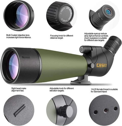 Go To 20 To 60x80 HD Spotting Scope With Tripod And Carrying Case For Bird Watching Hunting Target Shooting Wildlife Scenery Smartphone Adapter And Nikon Compatible SLR Mount showing various features like multi-coated lens and adjustable eyecup