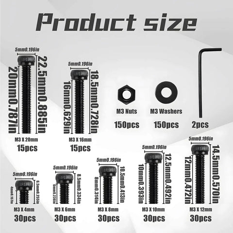 Dope Pro Grade M3 Black Hex Socket Screws Kit 480Pcs With Nuts Washers And Wrench Key, Alloy Steel 12.9 Grade, Anti Rust Coated