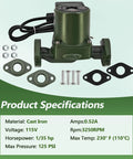 Heavy Duty Hydronic Hot Water Circulator Pump 005 F2 Replaces Taco Models 115 Volt 1/35 Hp 3250 Rpm showing specifications and components.