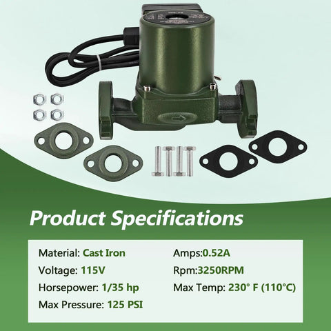 Heavy Duty Hydronic Hot Water Circulator Pump 005 F2 Replaces Taco Models 115 Volt 1/35 Hp 3250 Rpm showing specifications and components.