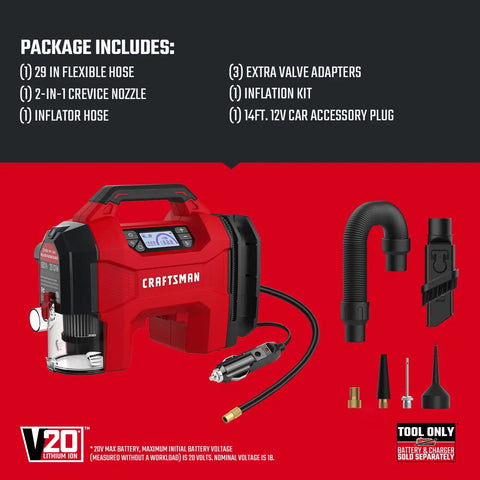 Plug And Play Three In One Portable Air Compressor Tire Inflator And Car Vacuum With Knockout 160 Psi Pressure And Quick Blast 20k Rpm Blower Setup showing included tools and accessories.